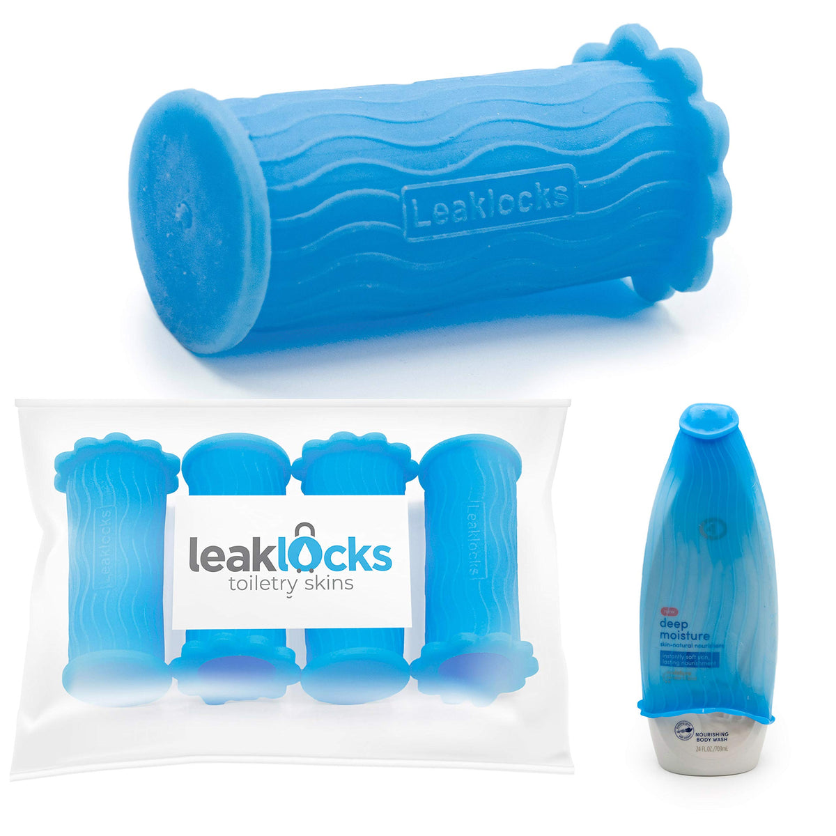 Rinseroo front packaging showing LeakLocks® four-pack protecting luggage