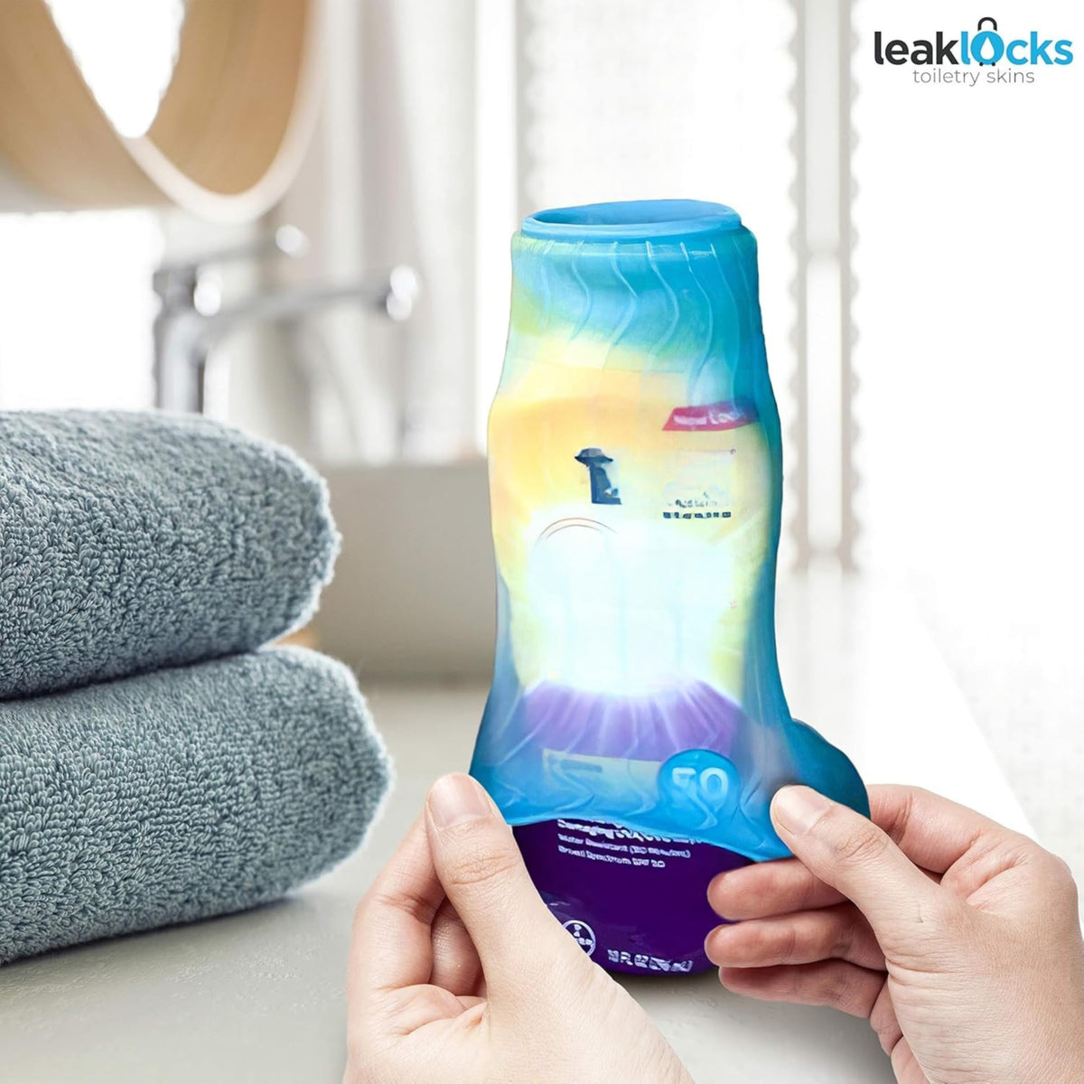 Rinseroo sleeve on shampoo bottle demonstrating leak prevention benefit