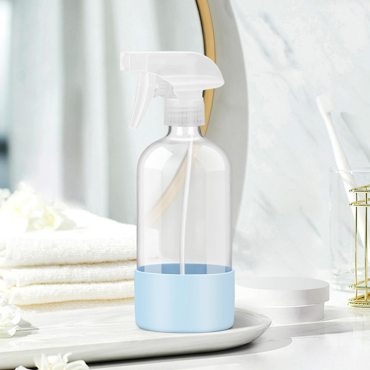 Rionisor bottle in use for hair styling showing even spray distribution