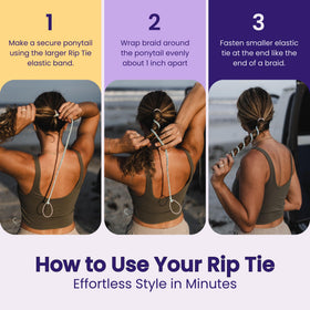 Rip Tie securing a bun illustrating no snagging and gentle hold