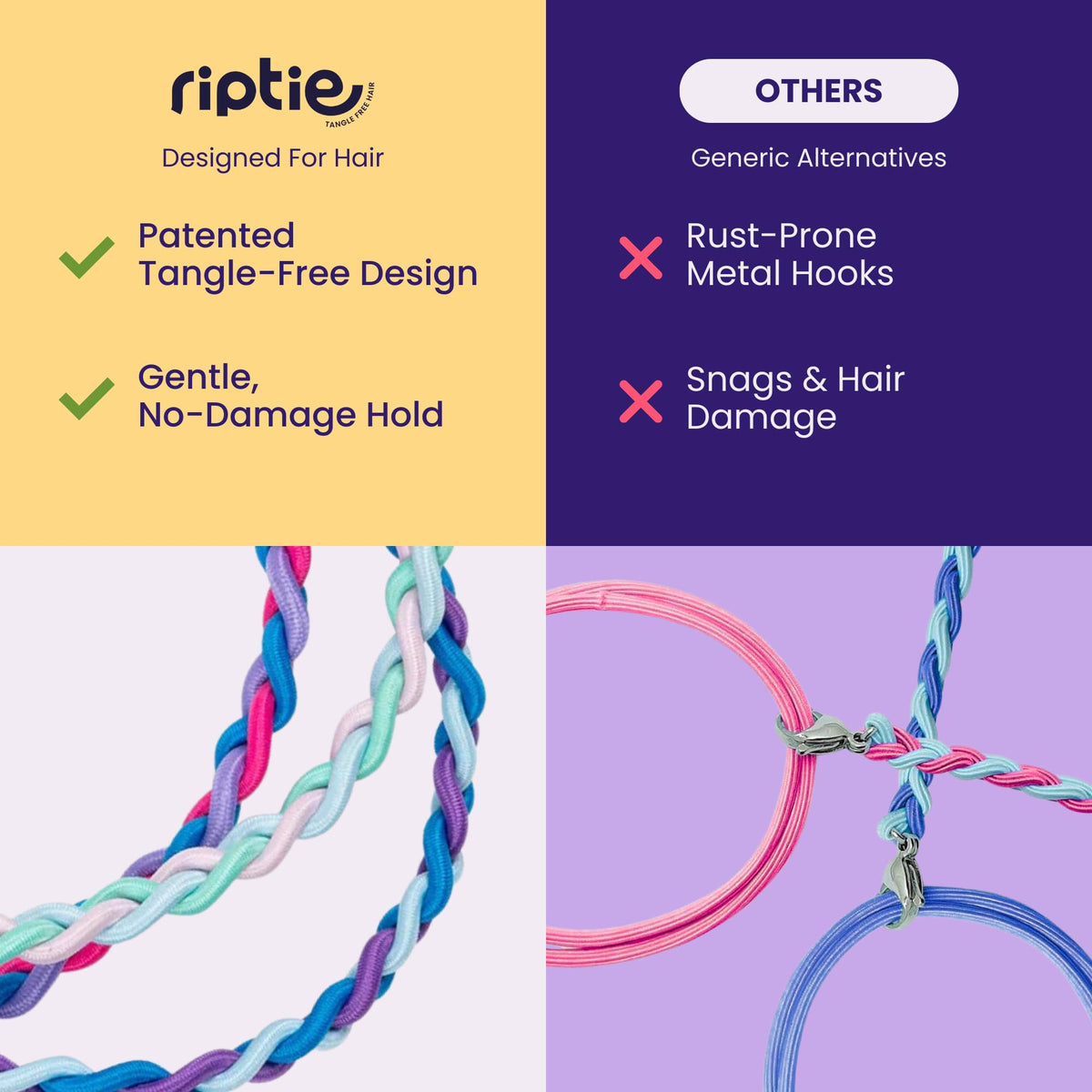 Rip Tie three multicolor hair ties laid flat showing slim profile and versatility