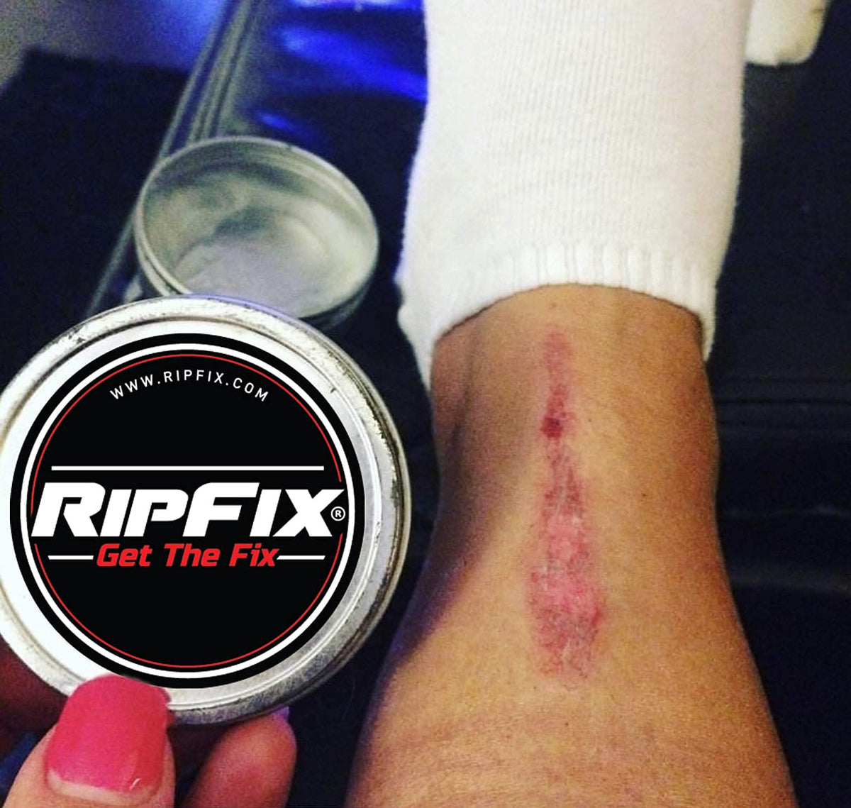 Close-up of RipFix salve texture, brand showing concentrated moisturization