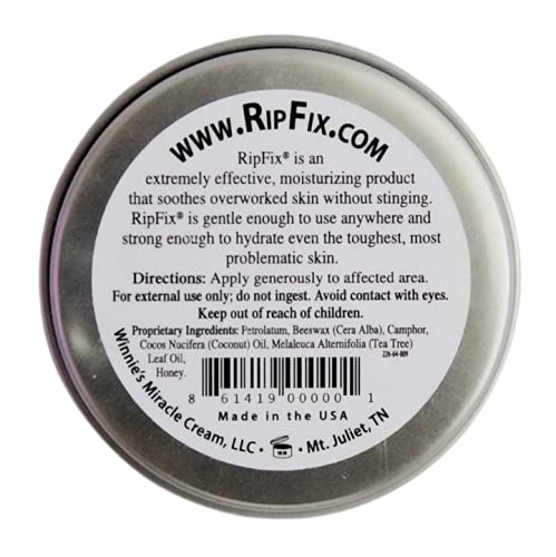 RipFix tin open with balm visible, brand close-up for portability benefit