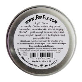 RipFix tin open with balm visible, brand close-up for portability benefit