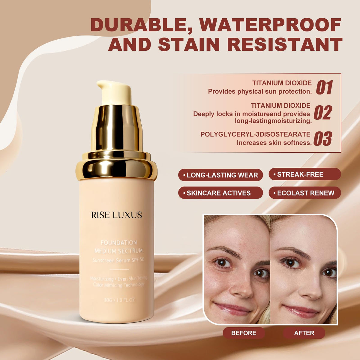Rise Luxus product being blended with a sponge, illustrating even coverage and seamless finish