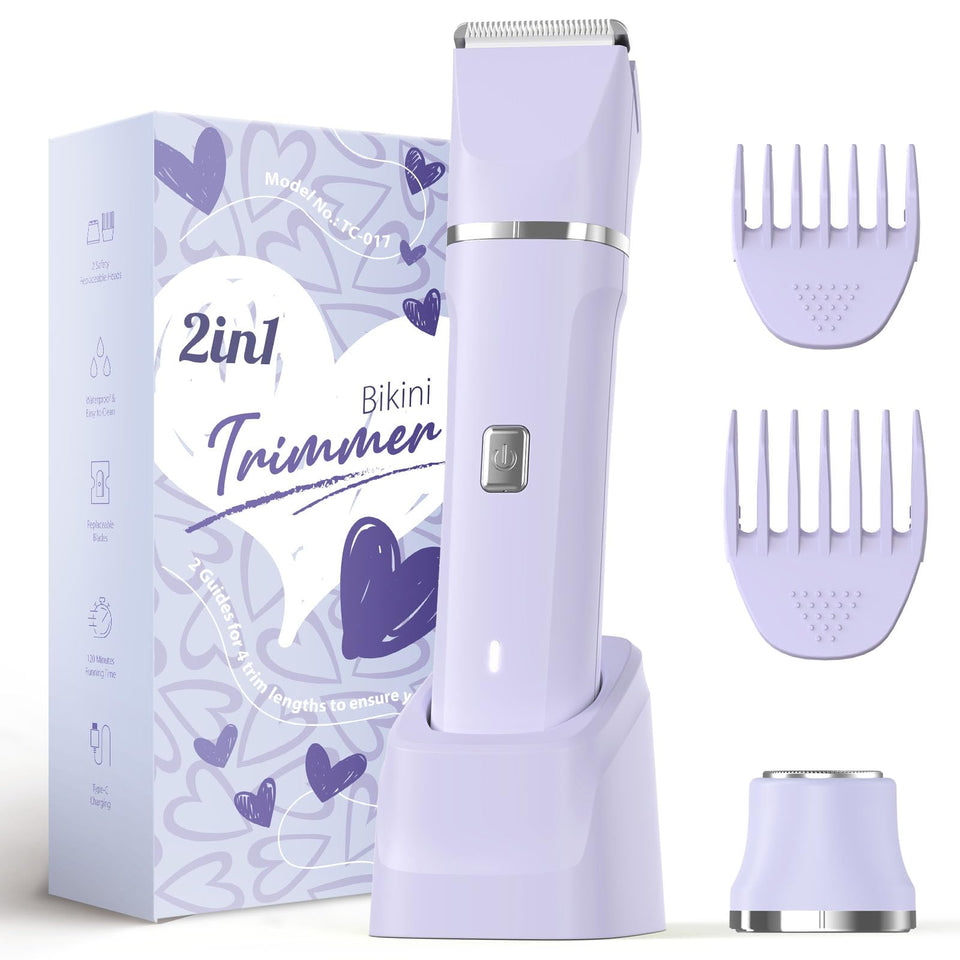 Risina front view of purple bikini trimmer showing controls and slim profile for easy handling