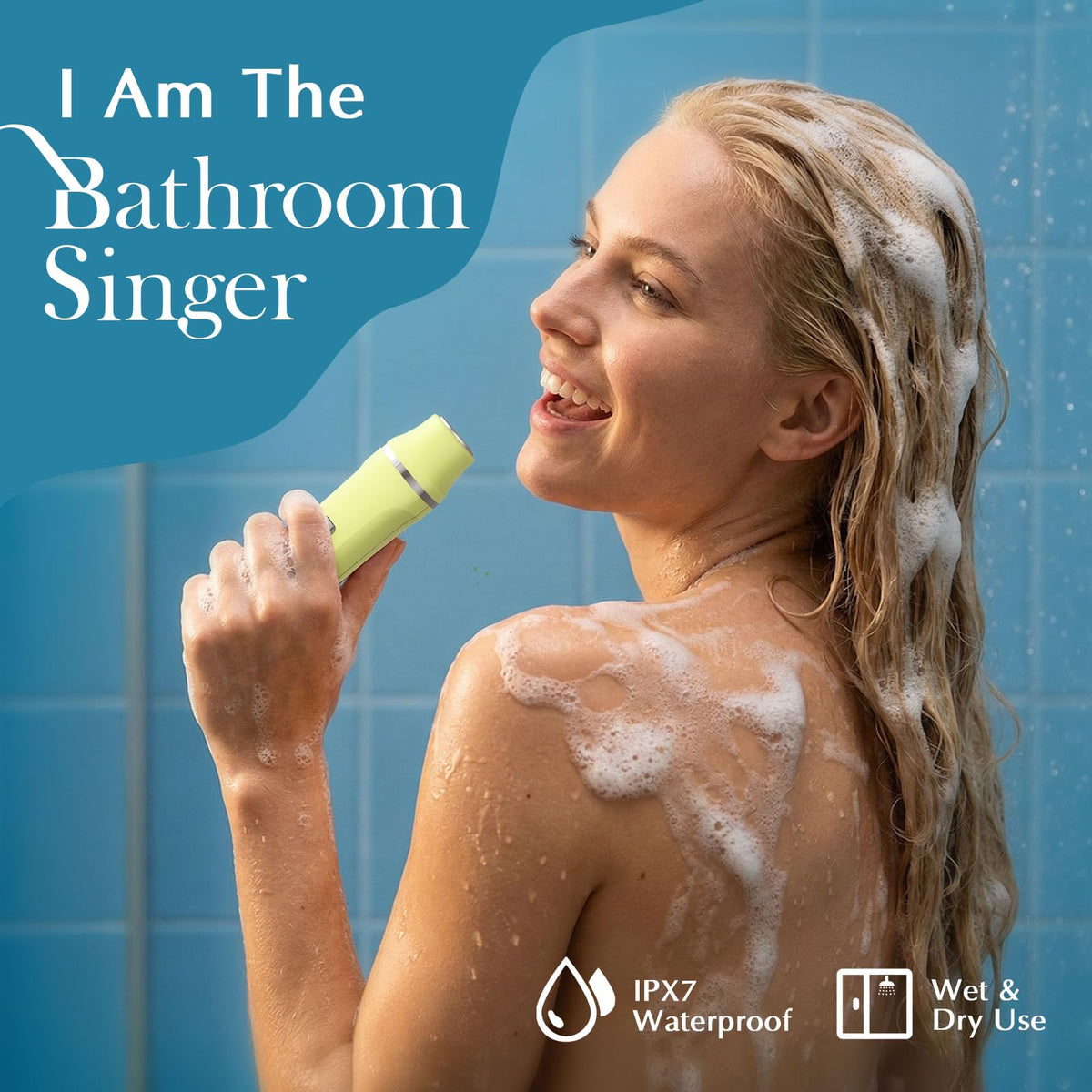 Risina being used in the shower demonstrating waterproof IPX7 convenience