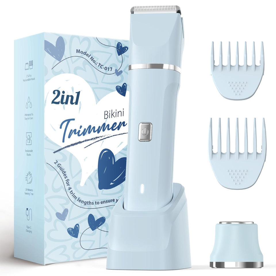 Risina trimmer front view showing compact blue design and controls—gentle grooming