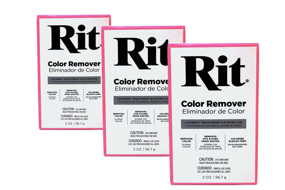 Rit color remover front packaging showing three-pack and product name benefits