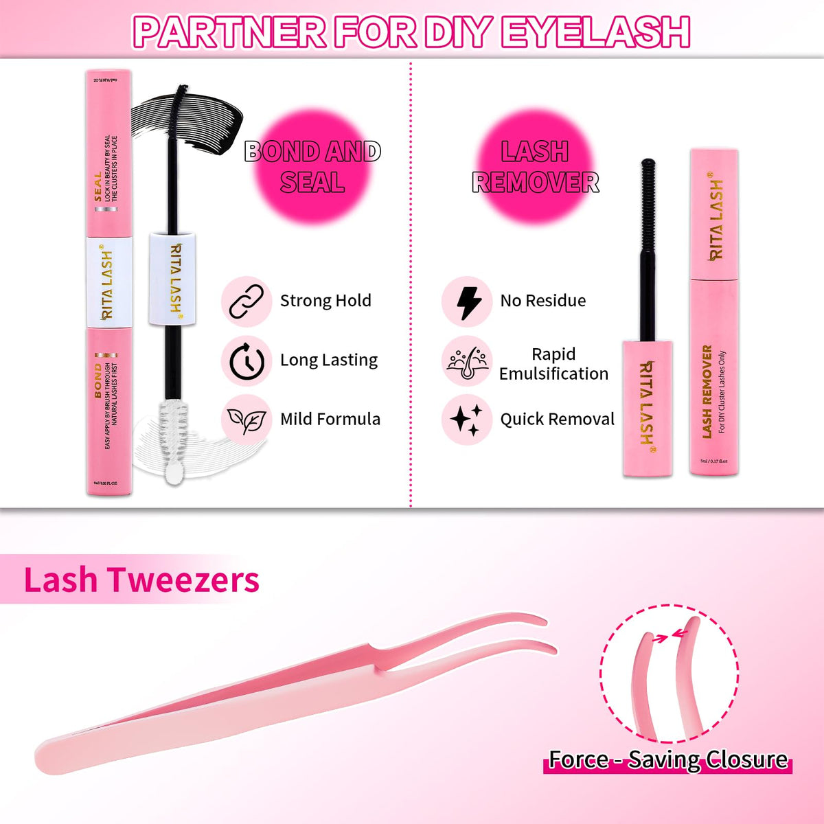 RITALASH lash bond and seal bottles illustrating long-lasting hold