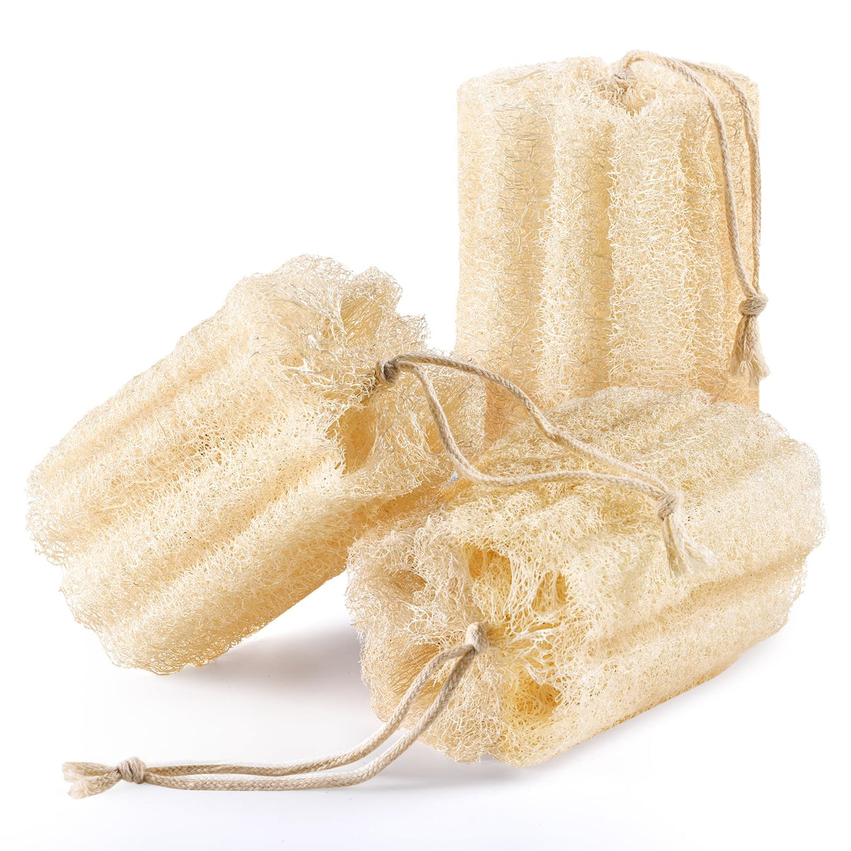 RIYNIBIY front packaging showing three natural Egyptian loofahs and benefits