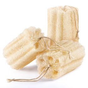RIYNIBIY front packaging showing three natural Egyptian loofahs and benefits