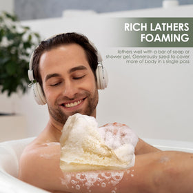 RIYNIBIY loofah held in hand to show generous six-inch size and coverage