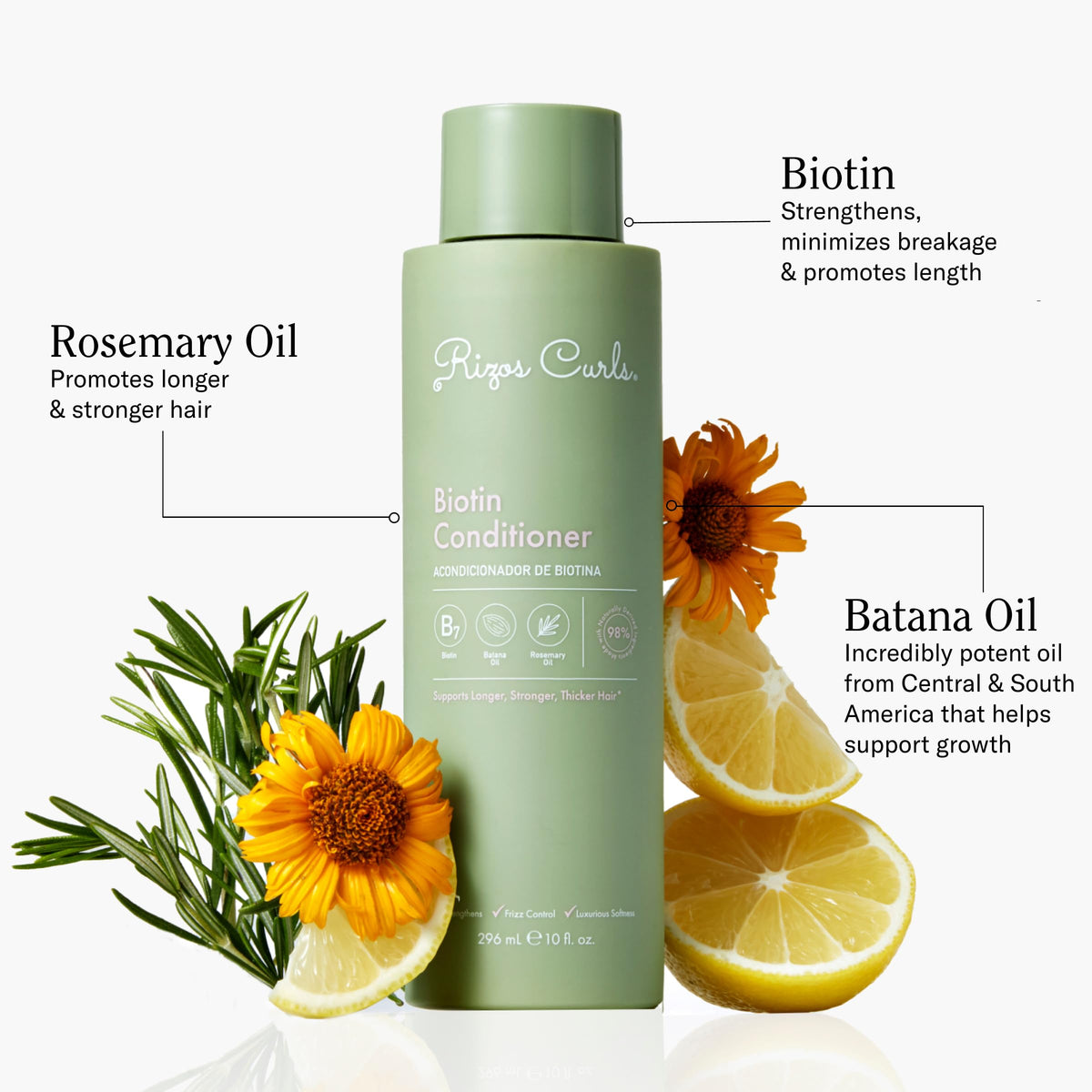Rizos Curls back label with ingredient list highlighting biotin and aloe