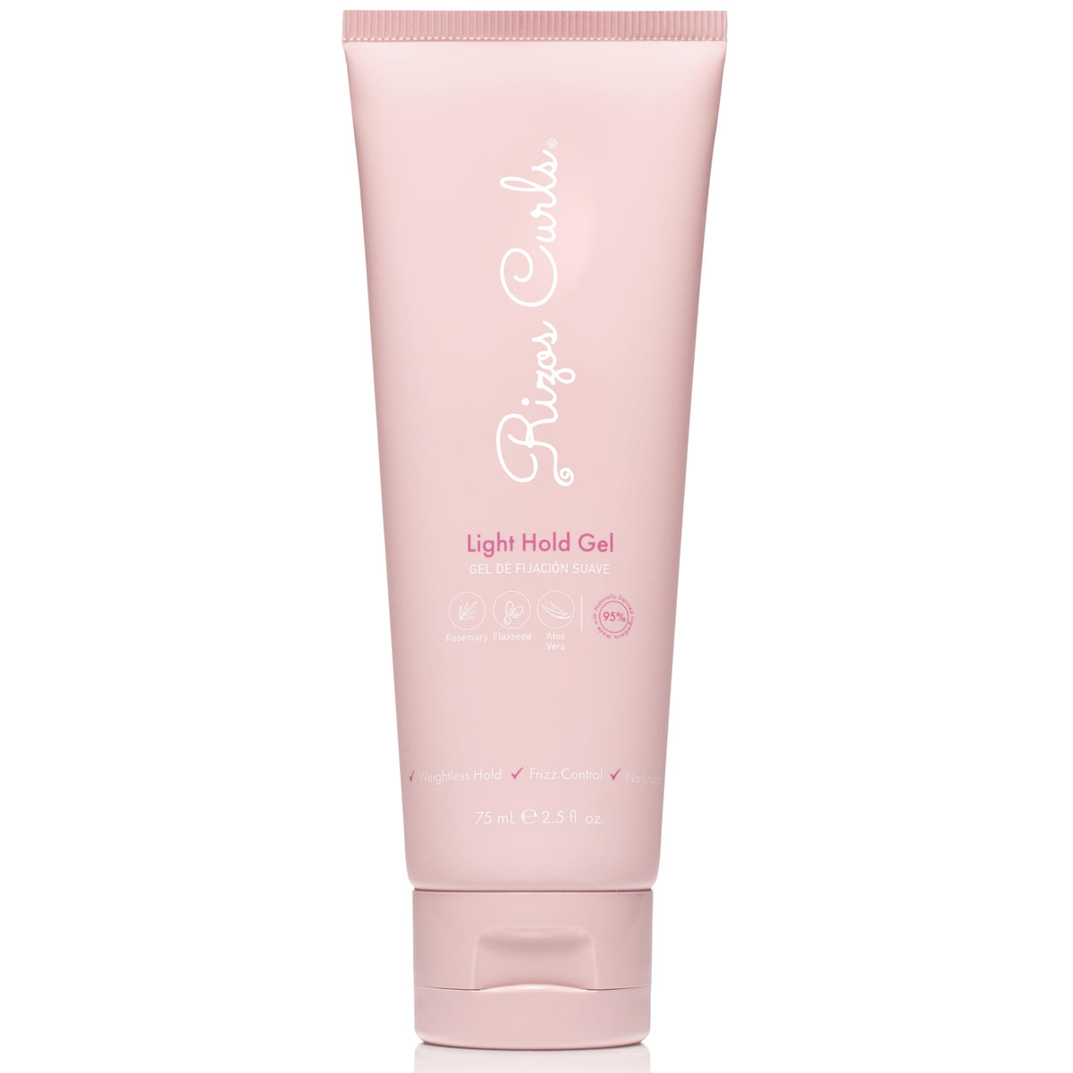Rizos Curls front label of travel light hold gel showing product benefits