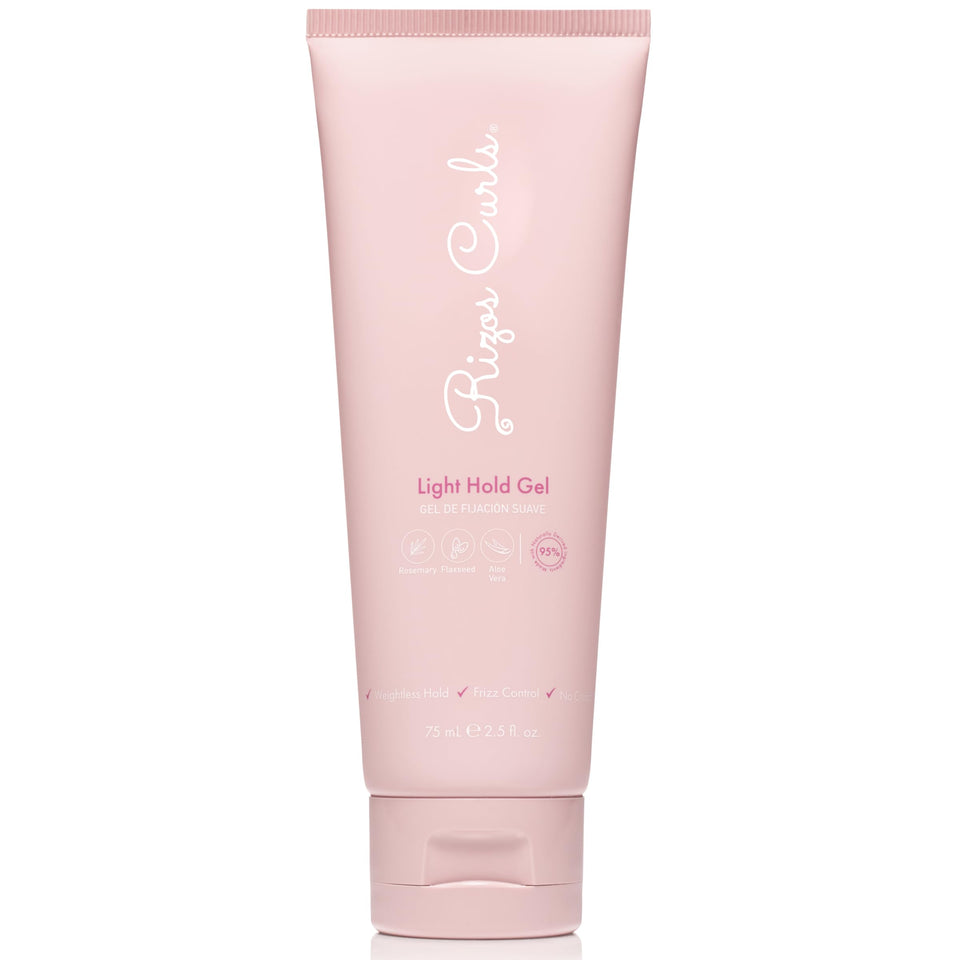 Rizos Curls front label of travel light hold gel showing product benefits
