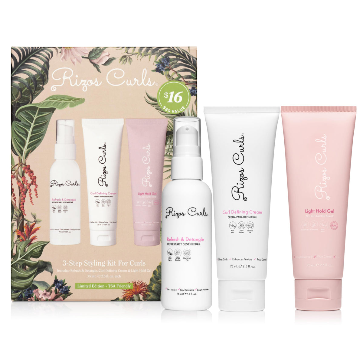 Rizos Curls front packaging kit showing three products and benefits