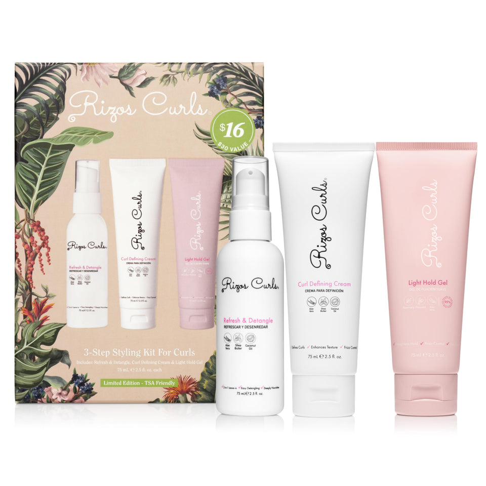 Rizos Curls front packaging kit showing three products and benefits