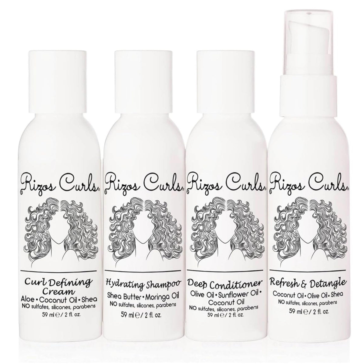 Rizos Curls front packaging showing four travel-sized bottles for easy travel