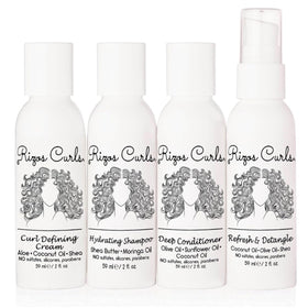 Rizos Curls front packaging showing four travel-sized bottles for easy travel