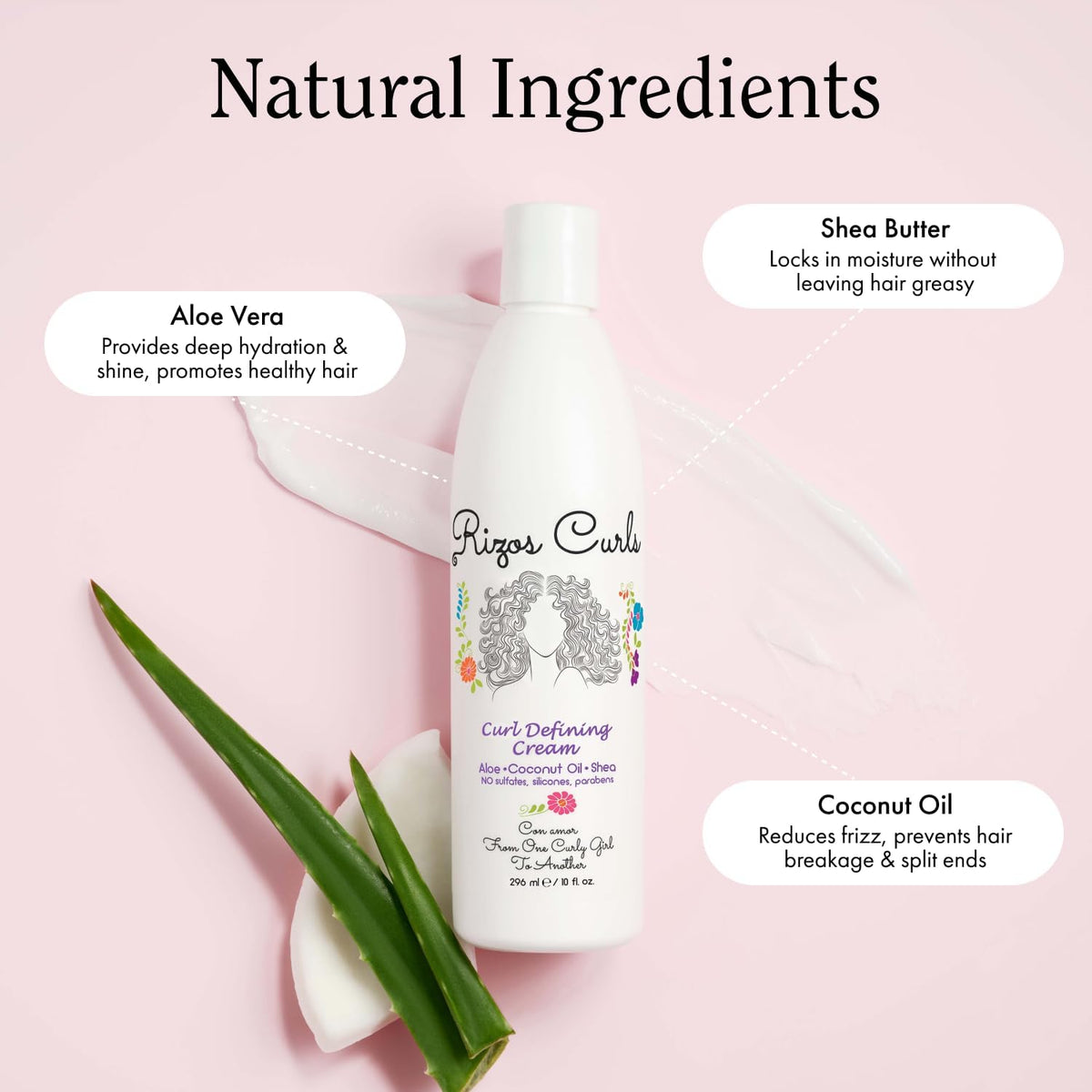 Rizos Curls ingredients shot with aloe and shea illustrating hydration benefits