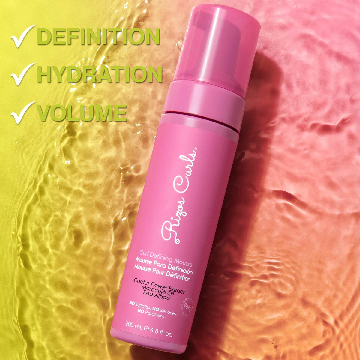 Close-up of Rizos Curls label highlighting sulfate-free and paraben-free benefits