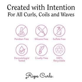 Rizos Curls label detail showing ingredients list and clean-beauty benefit