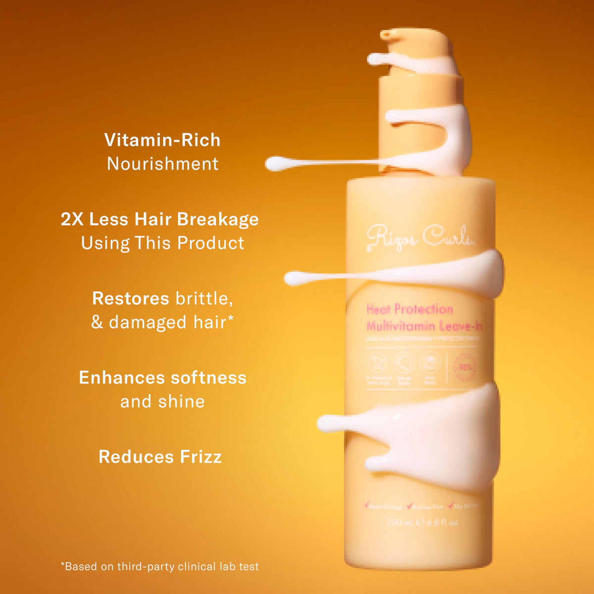 Rizos Curls bottle next to hand showing size and scale