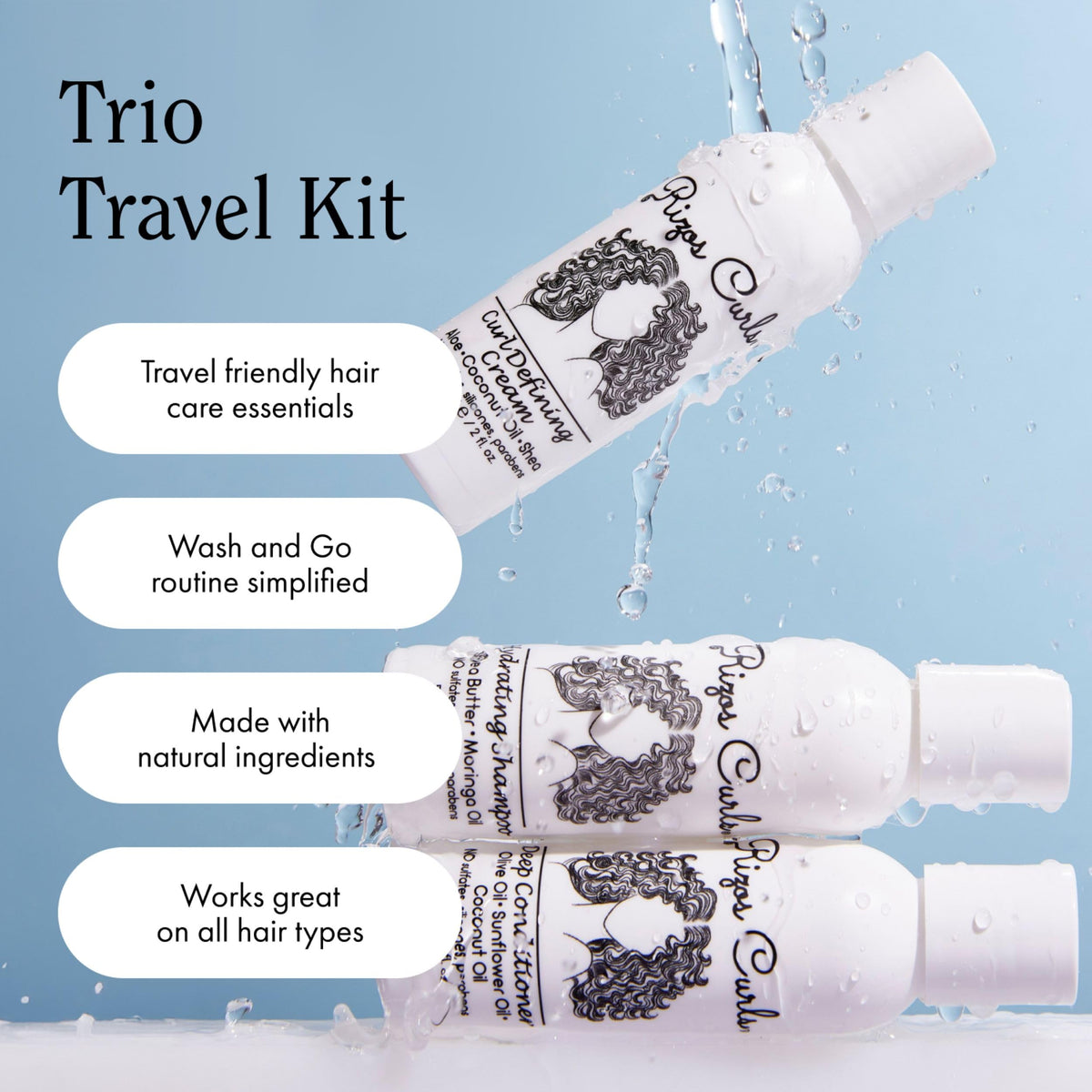Rizos Curls travel kit next to passport and toiletry bag for packing convenience