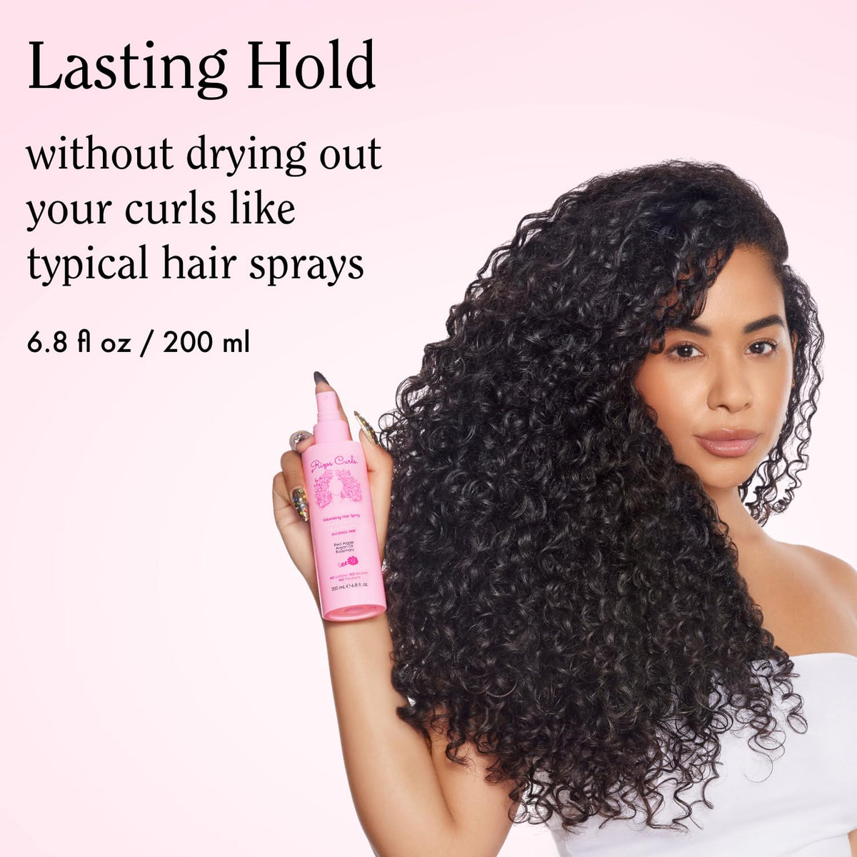 Rizos Curls spray mist in action delivering volume and frizz control