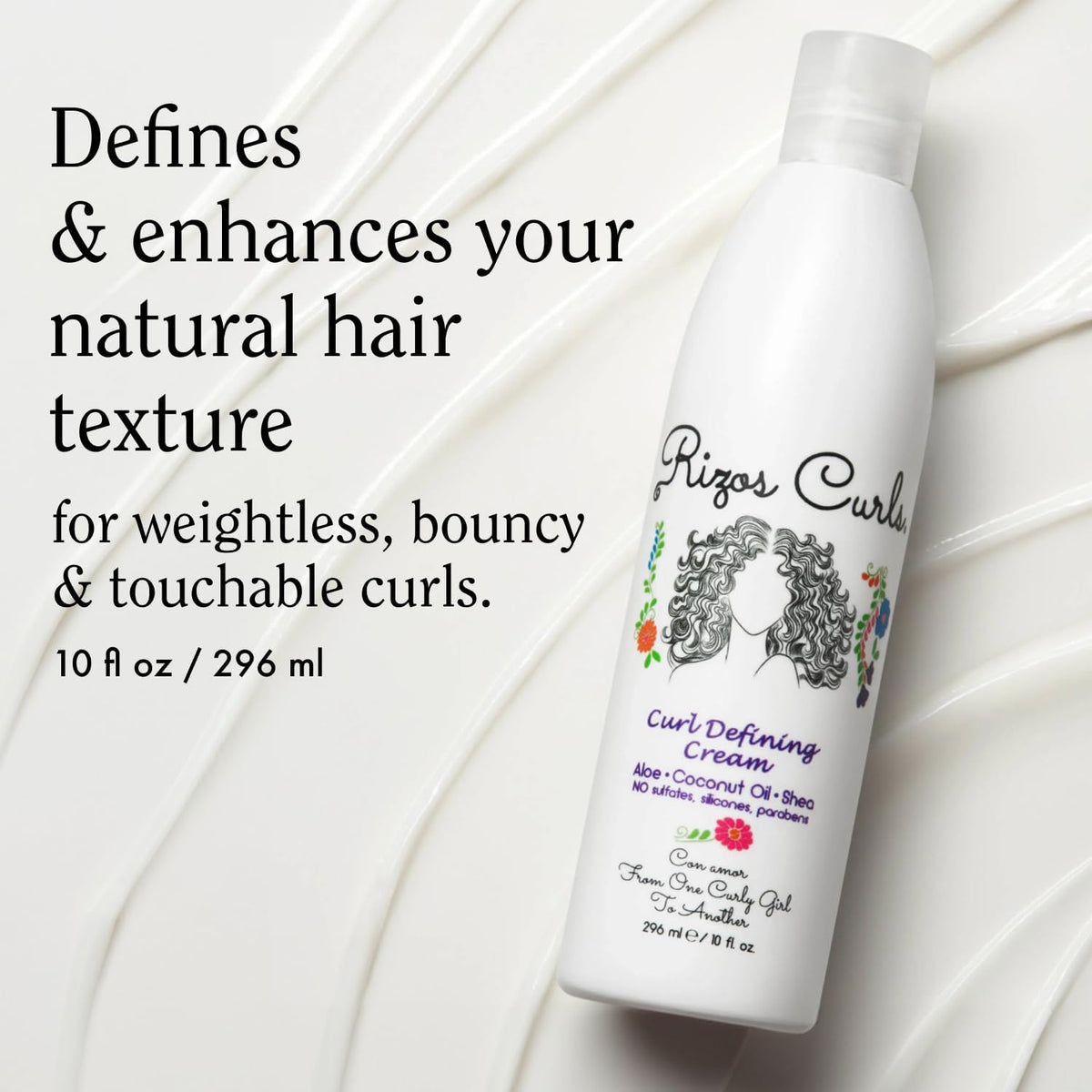 Rizos Curls cream texture close-up highlighting lightweight spreadability