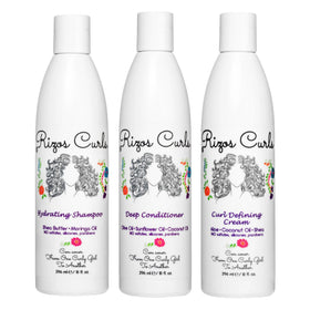 Rizos Curls trio bundle front packaging showing product set for routine