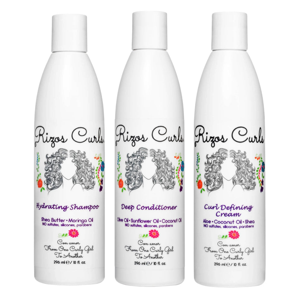 Rizos Curls trio bundle front packaging showing product set for routine