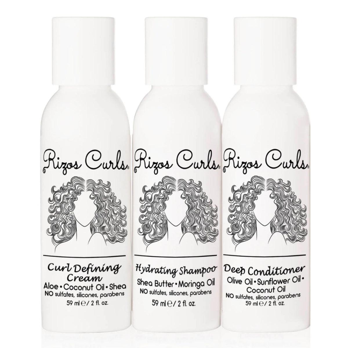 Rizos Curls trio front packaging showing three travel bottles and easy routine
