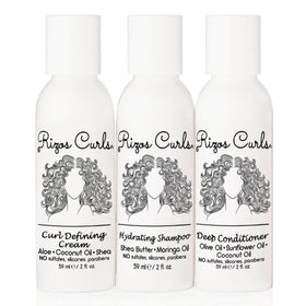 Rizos Curls trio front packaging showing three travel bottles and easy routine