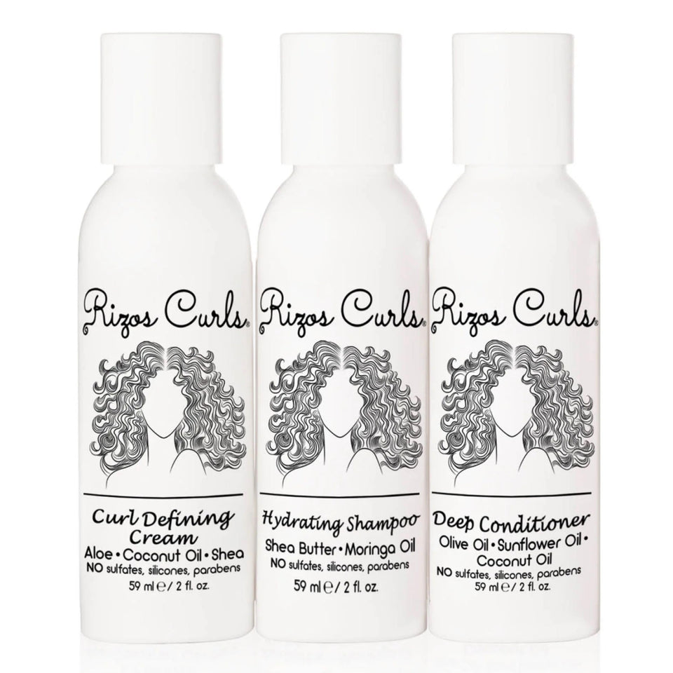 Rizos Curls trio front packaging showing three travel bottles and easy routine