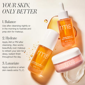 RMS Beauty oil among skincare on vanity showing daily routine use benefit
