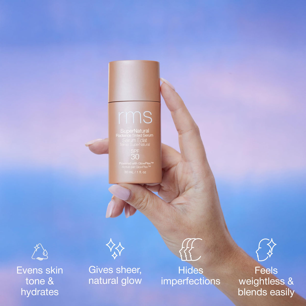 RMS Beauty serum on bathroom vanity emphasizing daily routine convenience