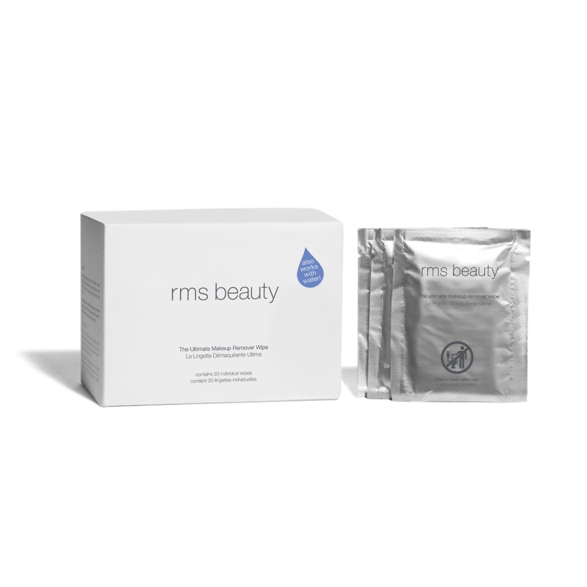 RMS Beauty wipes inside travel bag illustrating spill-proof, on-the-go cleansing convenience