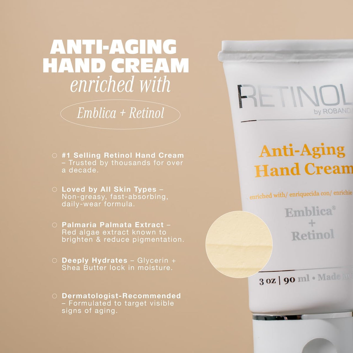 Robanda being applied to hands demonstrating smoother skin benefit