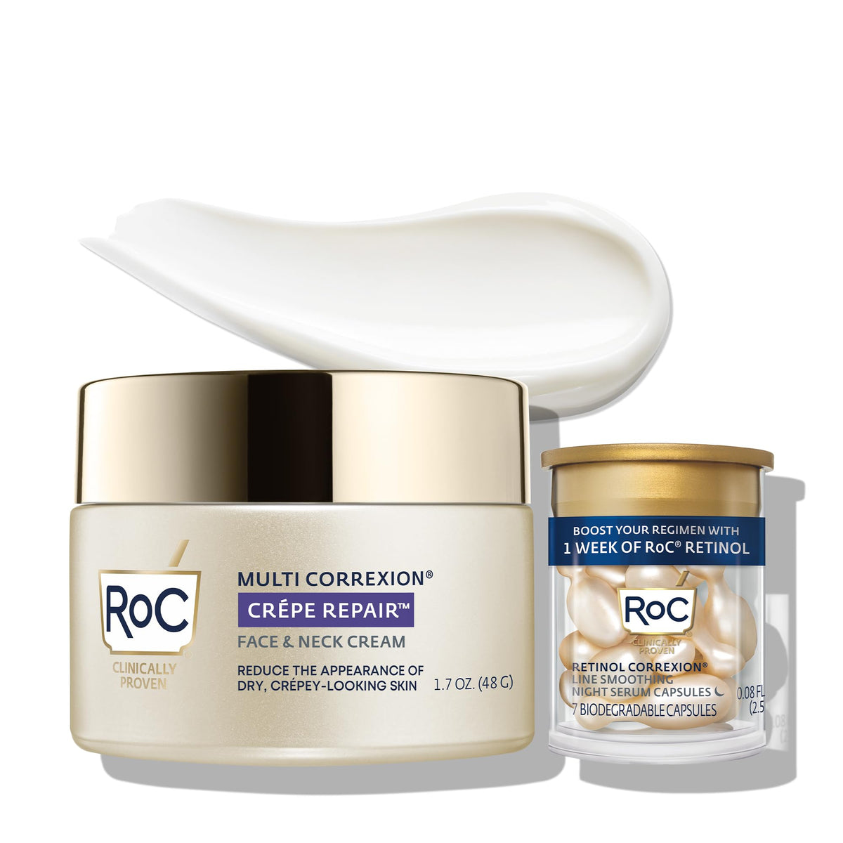 RoC jar and retinol capsules displayed together showing a complete routine benefit