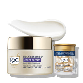 RoC jar and retinol capsules displayed together showing a complete routine benefit