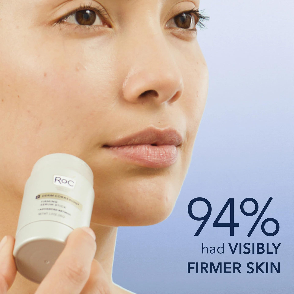 RoC firming serum stick close-up texture, clear fast-absorbing formula benefit