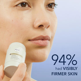 RoC firming serum stick close-up texture, clear fast-absorbing formula benefit
