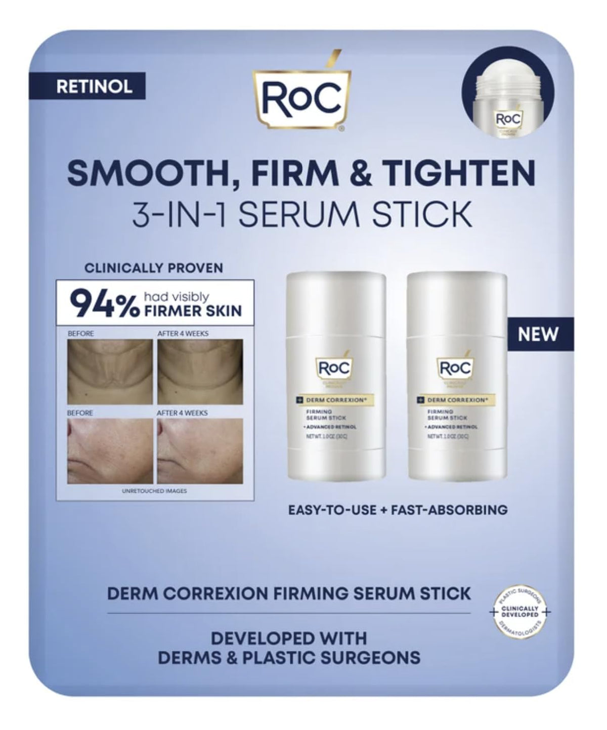 RoC firming serum stick front packaging showing compact stick, easy application benefit