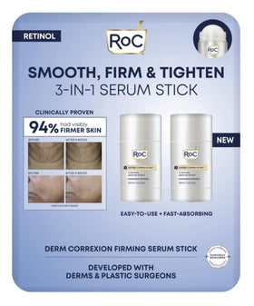 RoC firming serum stick front packaging showing compact stick, easy application benefit