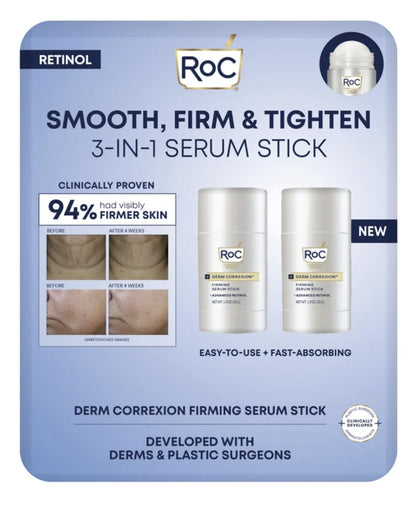 RoC firming serum stick front packaging showing compact stick, easy application benefit