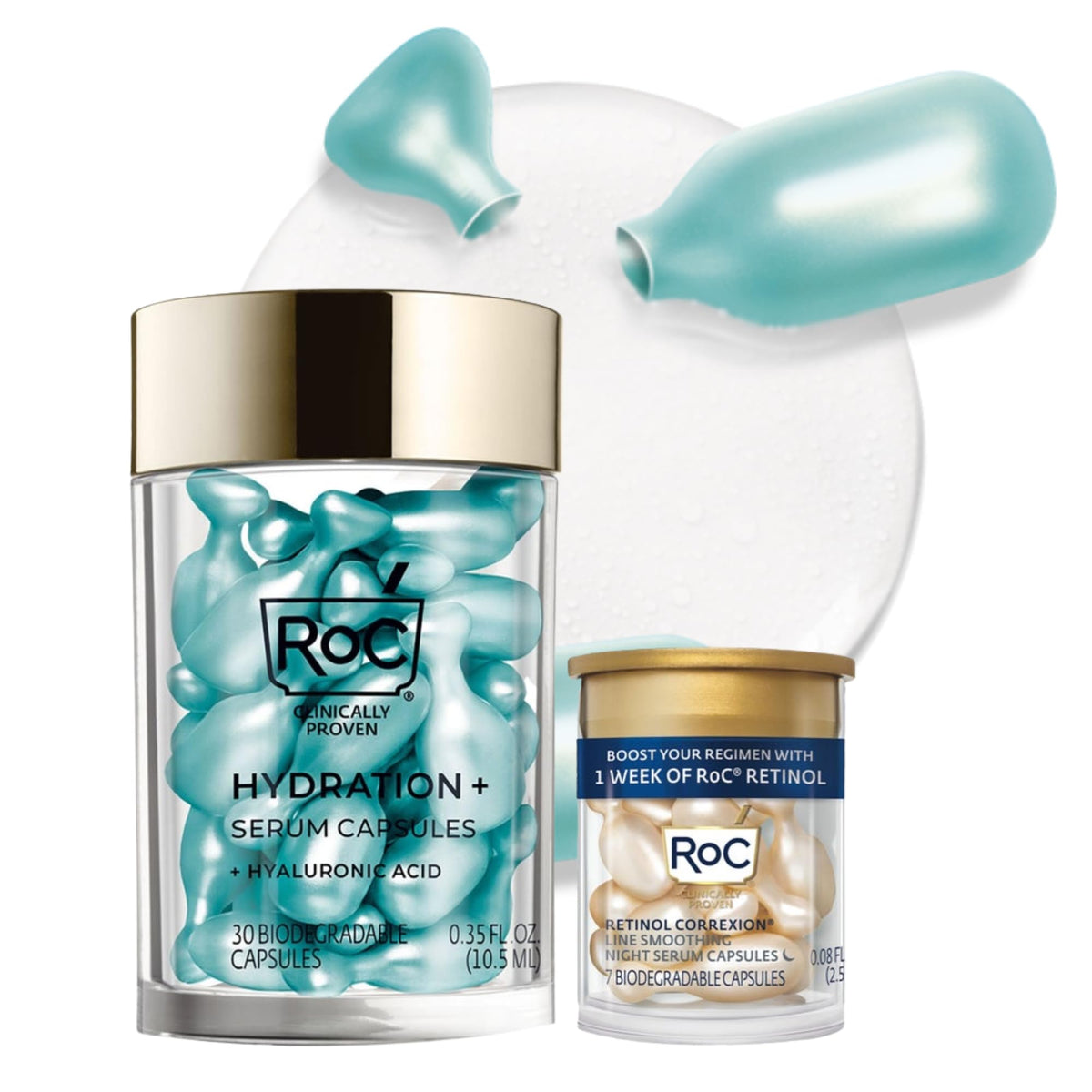 RoC front packaging of hyaluronic acid night serum capsules showing quantity and benefits
