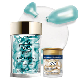 RoC front packaging of hyaluronic acid night serum capsules showing quantity and benefits