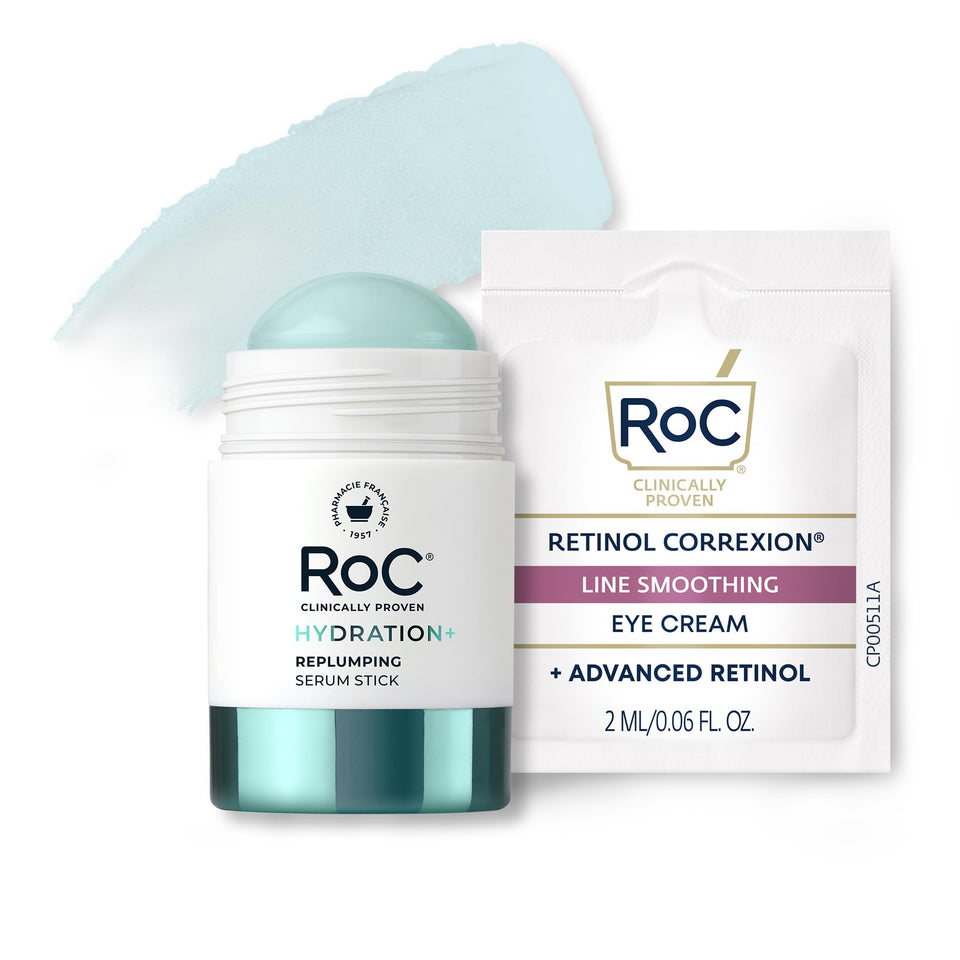 RoC front packaging of Hydration+ Replumping Serum Stick highlights travel-ready benefits